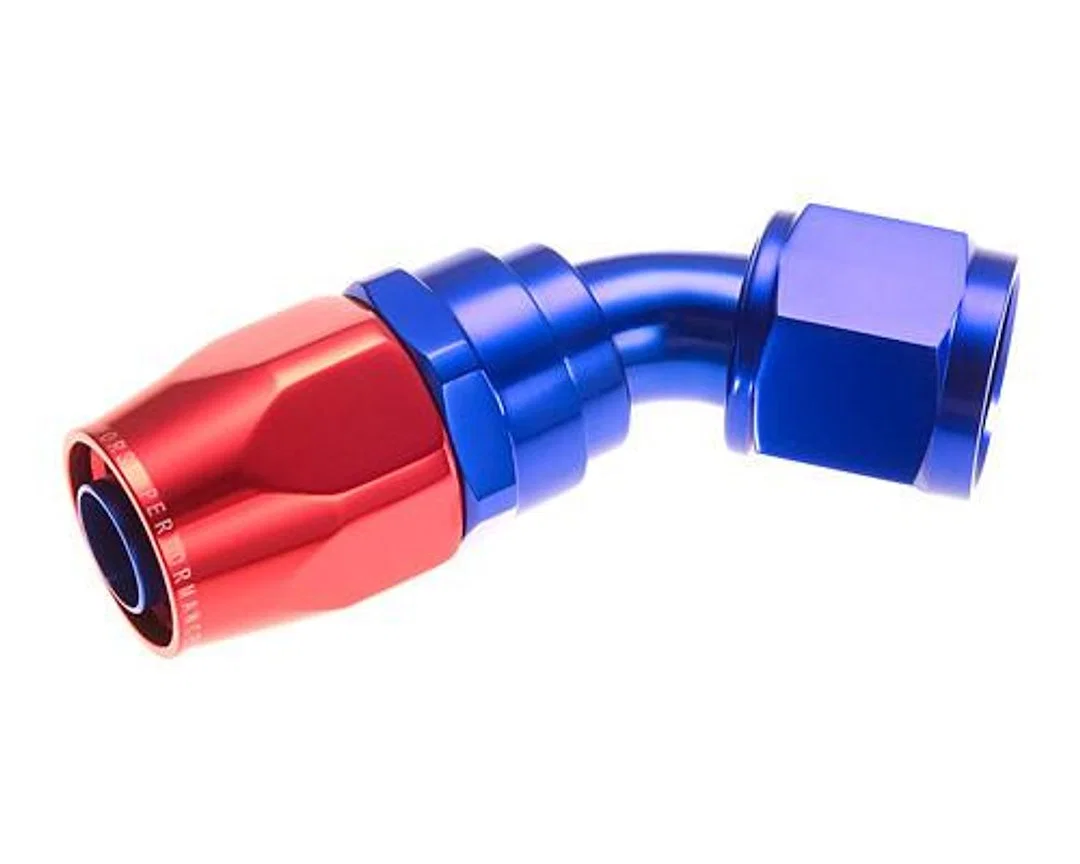 1045-12-1 – REDHORSE Hose End Fitting, -12 AN Hose -12 AN Outlet 45 Degree Anodized Red/ Blue Aluminum Single